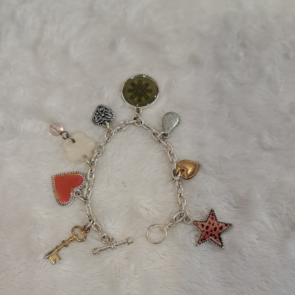 Vintage Silver-Toned Charm Bracelet with Multicolor Accents